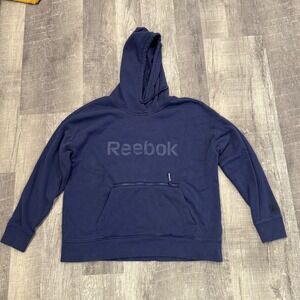 Reebok Hoodie Mens Large Blue Pullover Long Sleeve Spell‎ Out Pouch Pocket Retro
